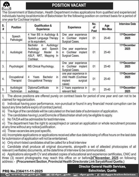 Latest DGHS Quetta Jobs 2025