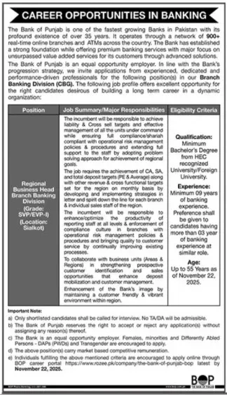 Latest Bank of Punjab BOP Job Posts in Sialkot 2025